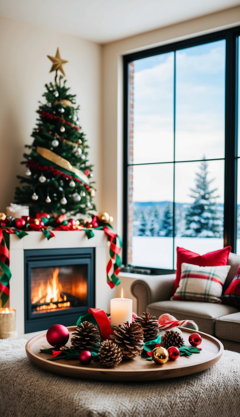 A cozy living room with a crackling fireplace, a table filled with colorful ribbons, pinecones, and ornaments, and a large window looking out onto a snowy landscape