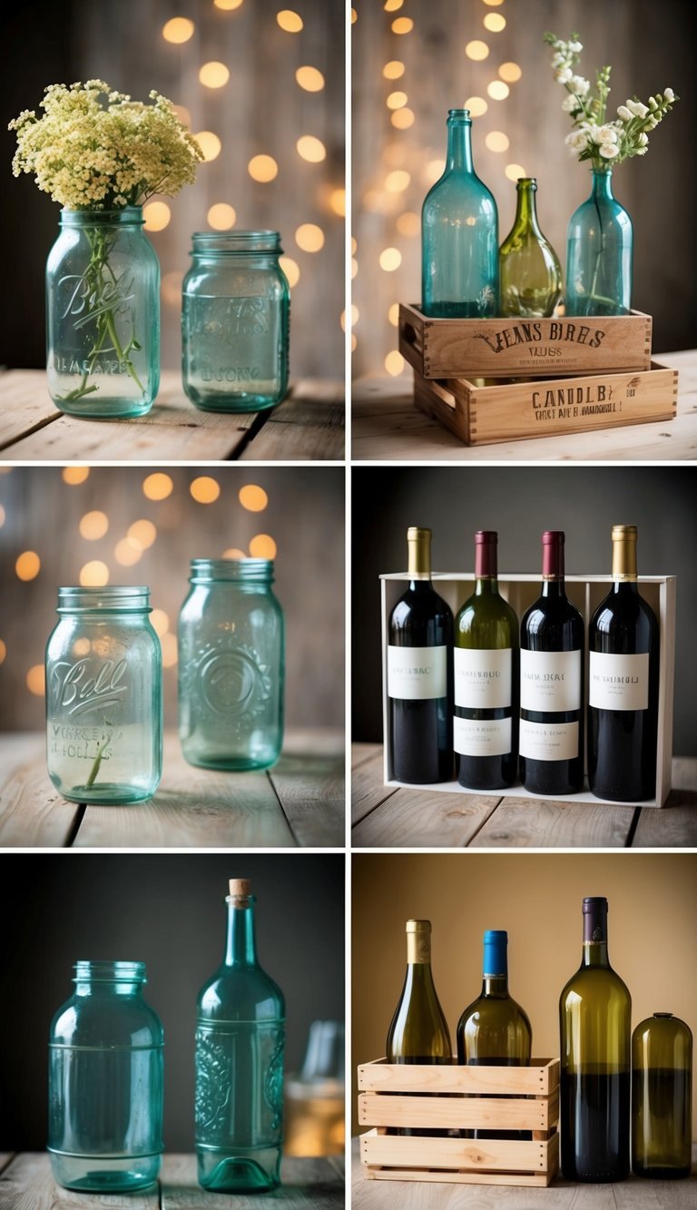 Various household items transformed into new decor: old jars as vases, wine bottles as candle holders, and wooden crates as shelves