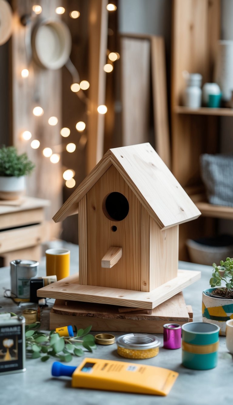 A birdhouse being built from leftover wood, surrounded by various upcycled home decor items