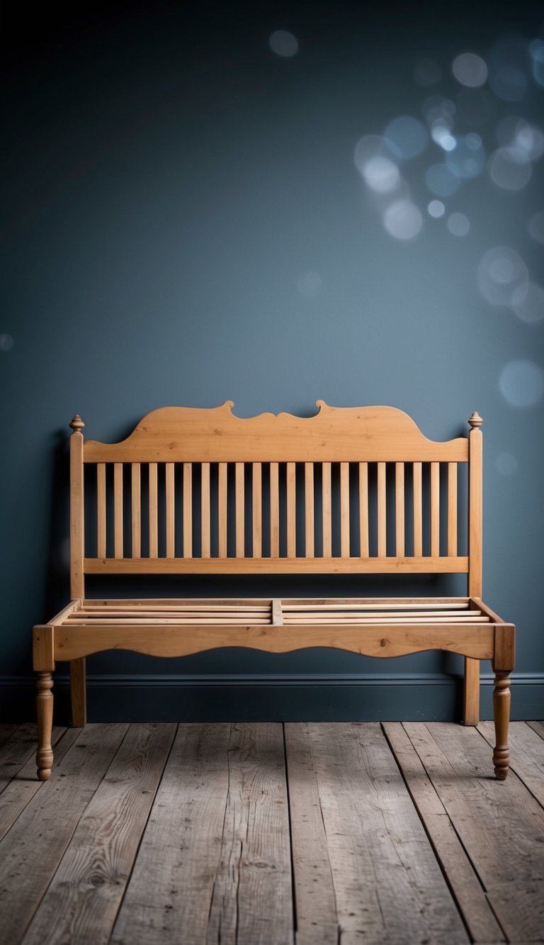 An old bed frame is transformed into a unique bench, with its headboard and footboard serving as the back and sides, and the slats forming the seat