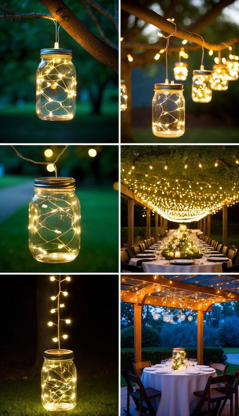 Glass jars filled with fairy lights arranged in various ways: hanging from tree branches, lining a pathway, adorning a table centerpiece, and suspended from a pergola