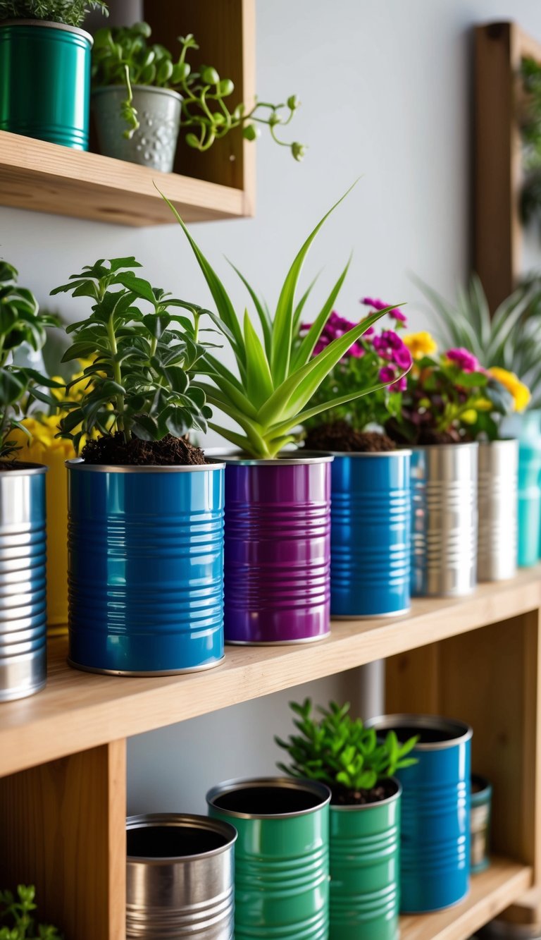 Tin cans filled with colorful plants arranged on a wooden shelf, surrounded by other upcycled home decor items