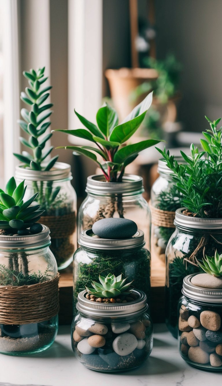 A collection of old jars filled with various plants, stones, and other decorative elements arranged on a table, showcasing 25 unique ways to upcycle home decor