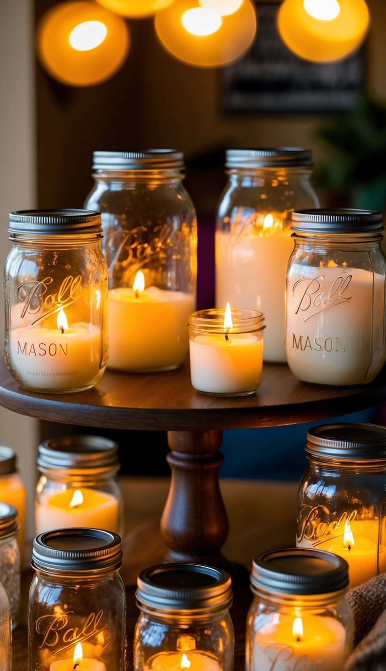 Mason jars arranged in various ways, holding lit candles, casting a warm glow in a cozy home setting