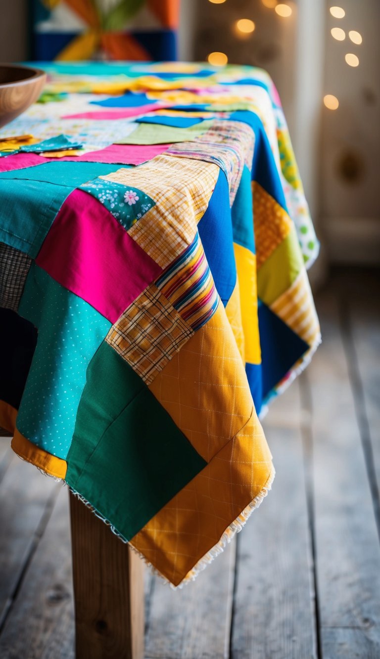 A colorful patchwork tablecloth made from various fabric scraps drapes over a wooden table, adding a vibrant and eco-friendly touch to the home decor