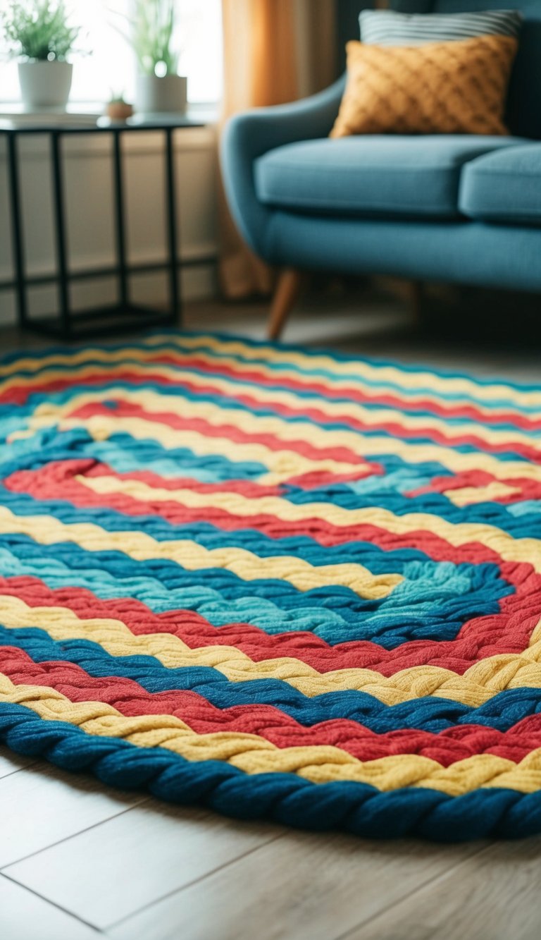 A colorful rug made of braided t-shirts adorns a cozy living room, adding a unique touch to the upcycled home decor