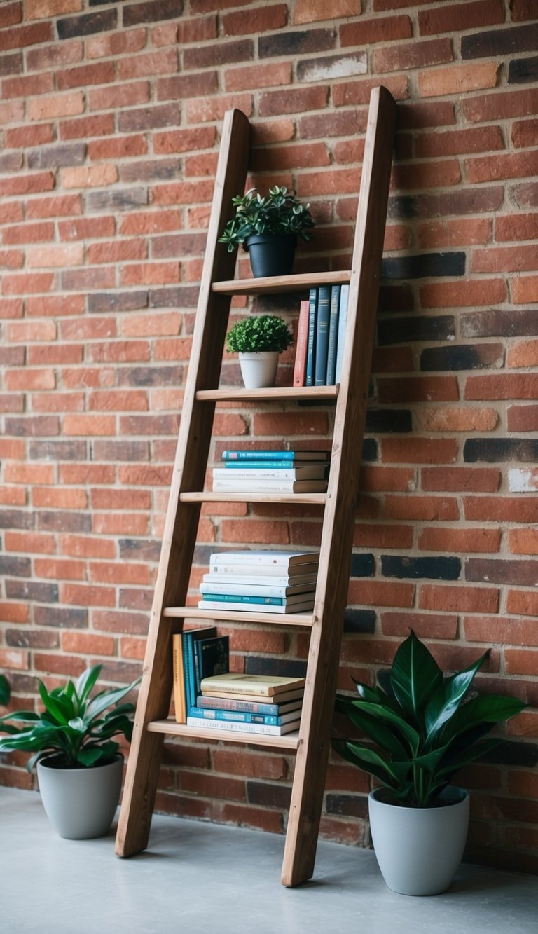 A wooden ladder stands against a brick wall, adorned with books and potted plants. It has been repurposed as a rustic bookshelf, adding charm to the room