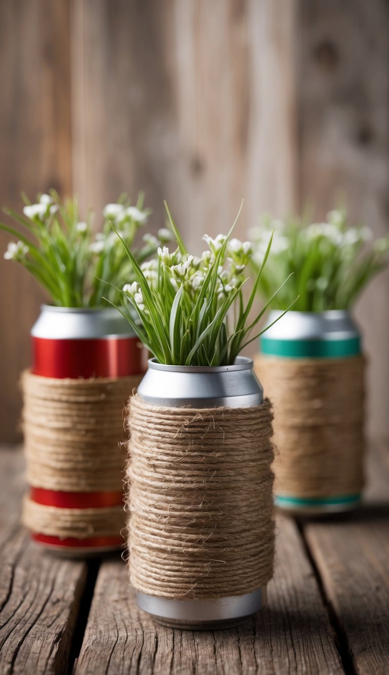 Twine wrapped around tin cans, used as rustic vases