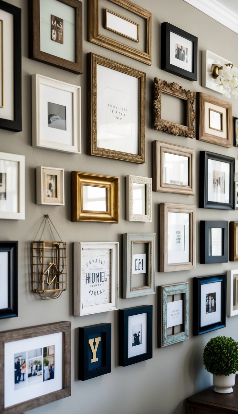 A variety of thrifted frames arranged in a gallery wall, showcasing creative upcycled home decor ideas