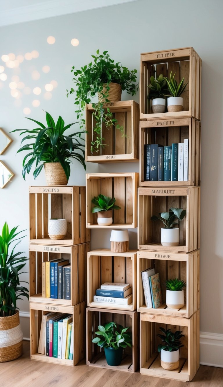 Wooden crates stacked in various formations, transformed into shelves displaying plants, books, and decor. Creative upcycling adds charm to the home