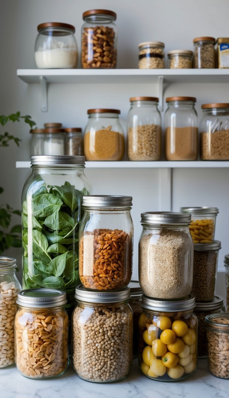 Glass jars filled with pantry staples arranged in various creative ways. Some jars are stacked, others are grouped together, and a few are repurposed as storage containers