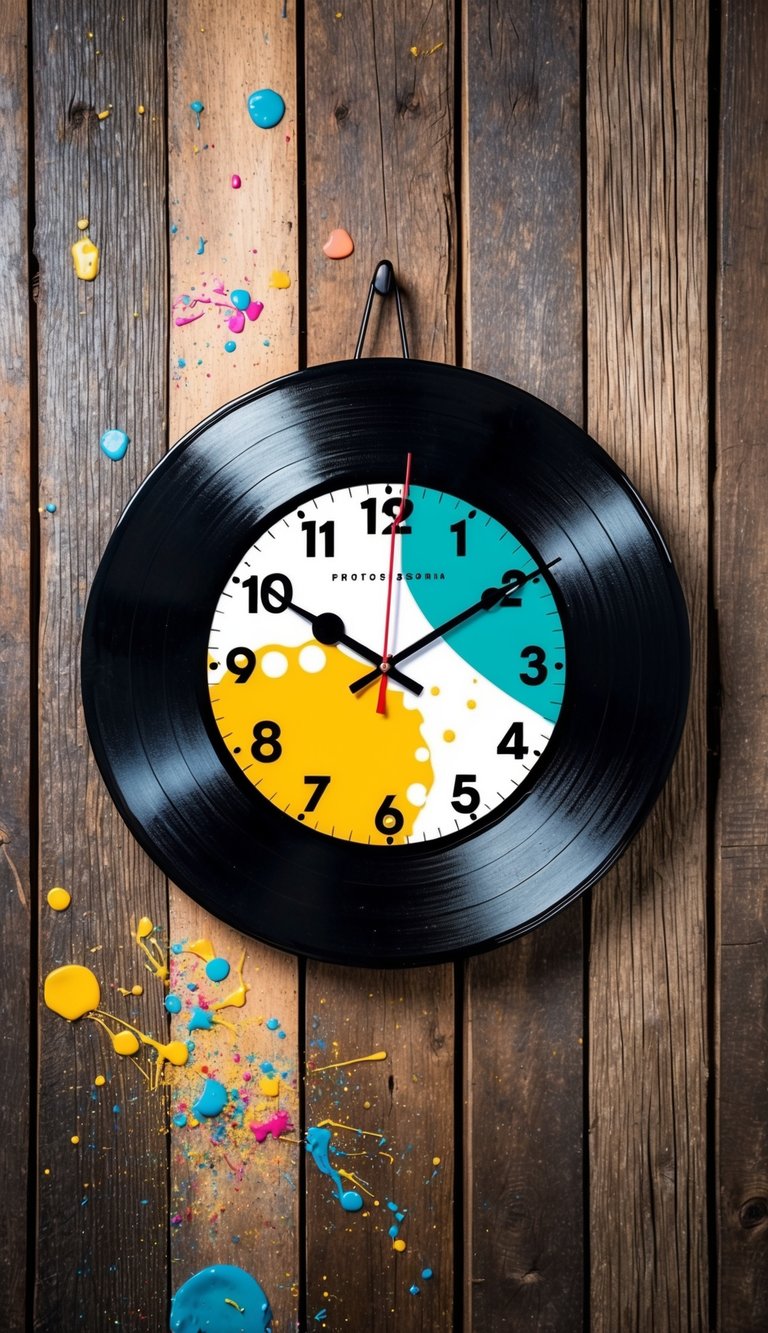 A vinyl record is transformed into a wall clock, adorned with colorful paint splatters and retro-inspired numbers, hanging on a rustic wooden wall