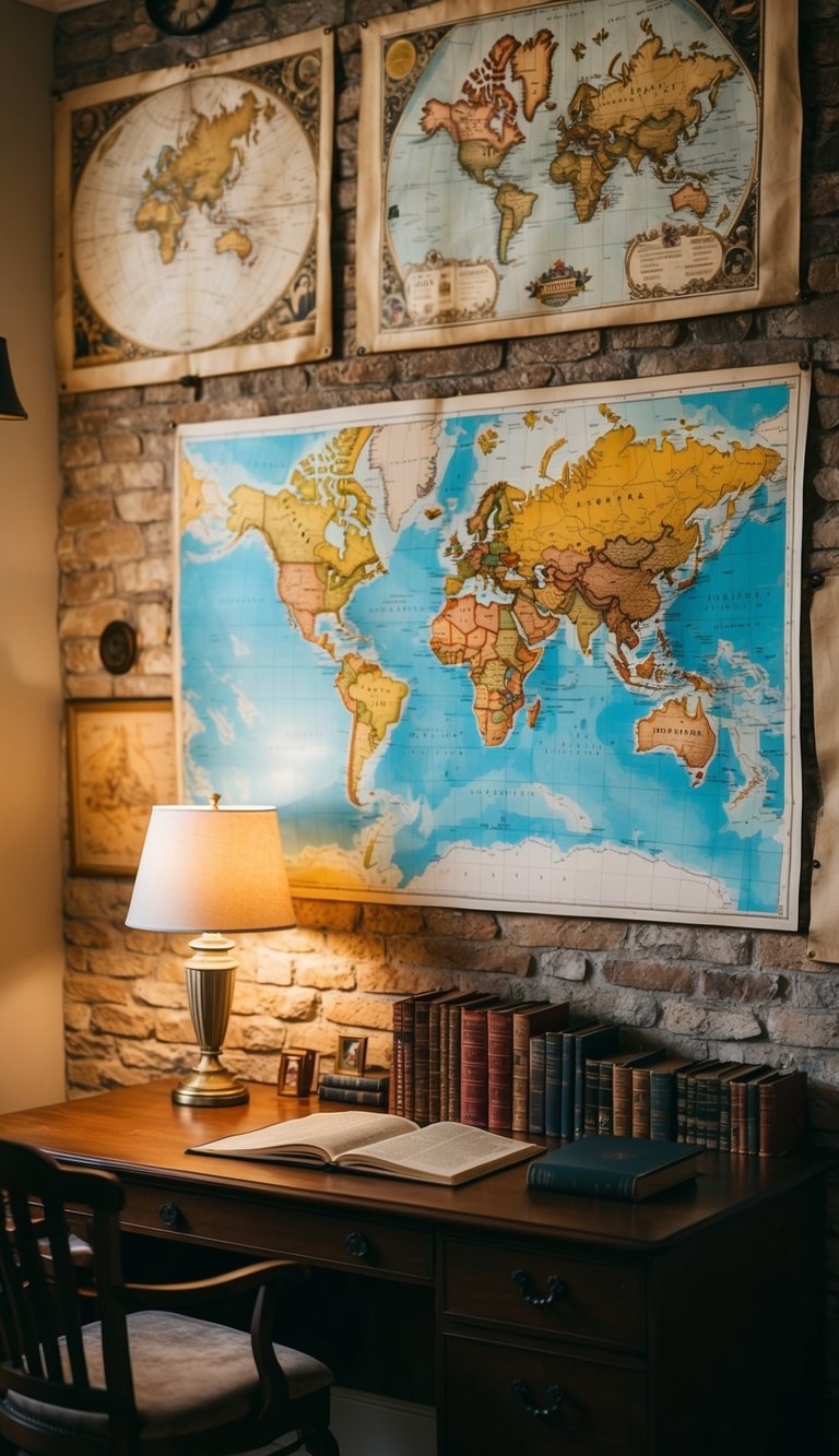 Old maps cover the walls of a cozy study, creating a vintage and adventurous atmosphere. The intricate details and faded colors add character to the room