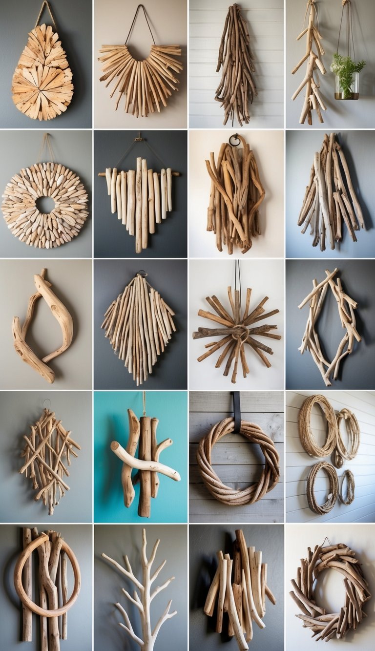 A collection of 25 unique driftwood wall hangings, each showcasing a different creative upcycling idea for home decor