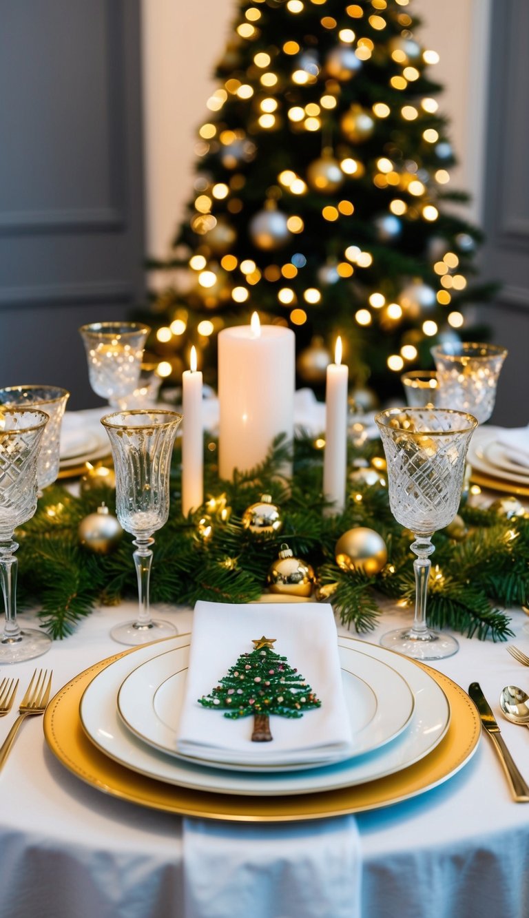 A festive Christmas table with elegant dinnerware, sparkling glassware, a beautiful centerpiece, and twinkling lights