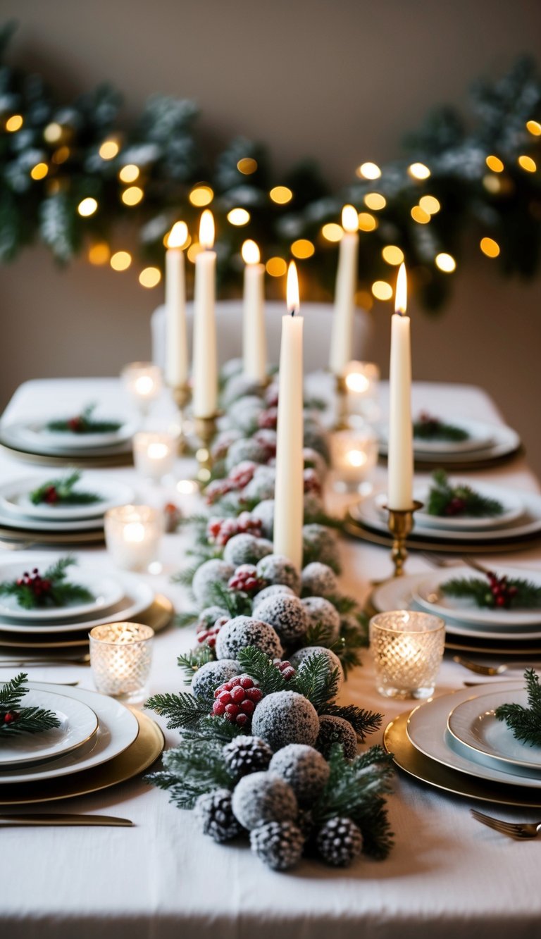 A festive table adorned with a frosted berry garland, surrounded by elegant place settings and twinkling candlelight