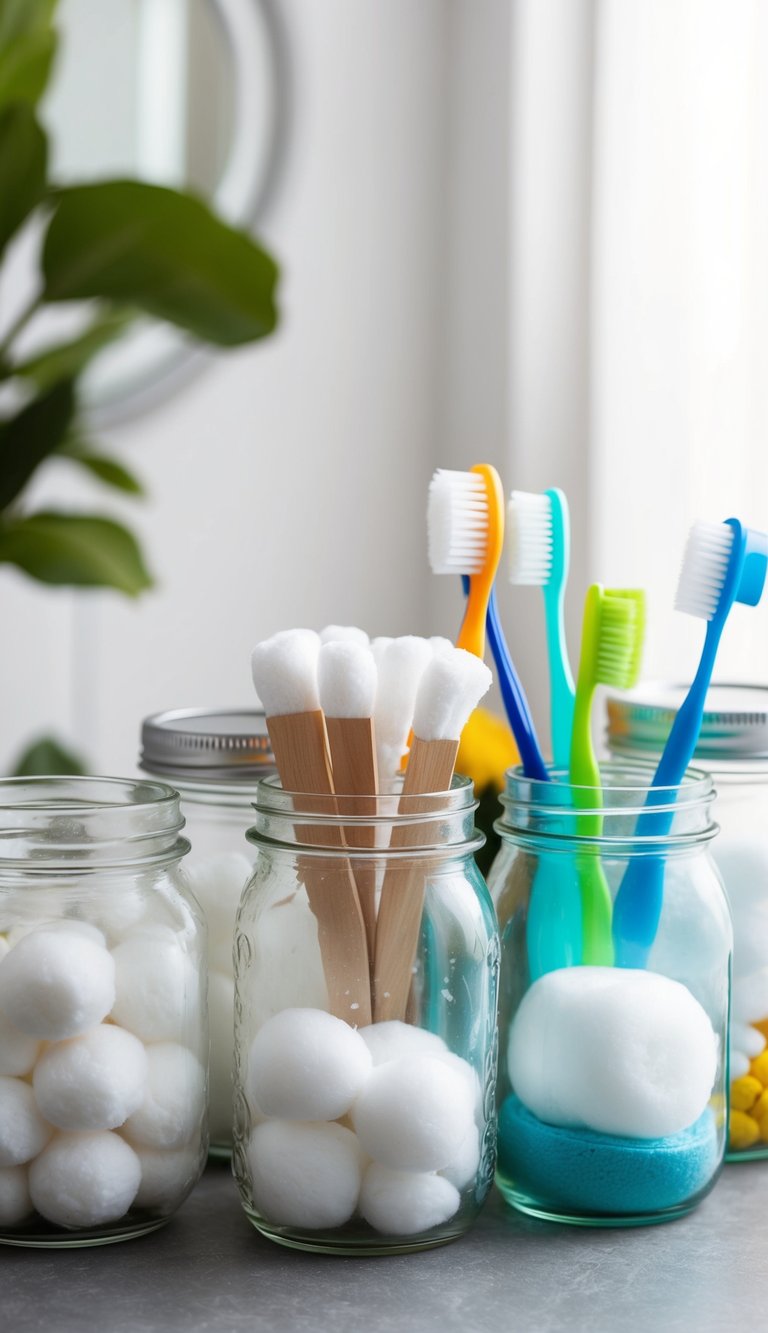 Various glass jars repurposed to hold bathroom essentials like cotton balls, Q-tips, and toothbrushes