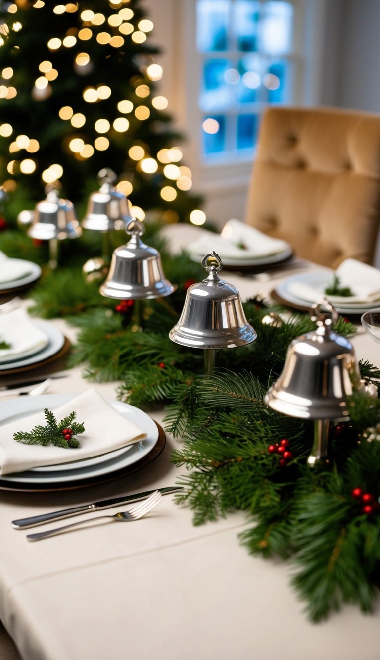 A festive Christmas table set with silver bell napkin holders, adorned with holiday greenery and twinkling lights