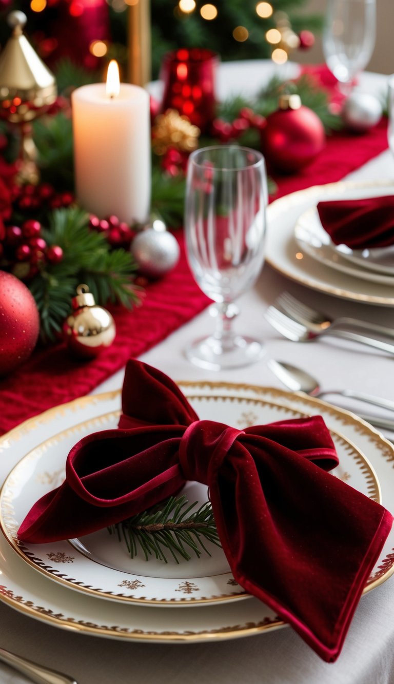 A festive table set with velvet ribbon napkin rings and various Christmas decorations