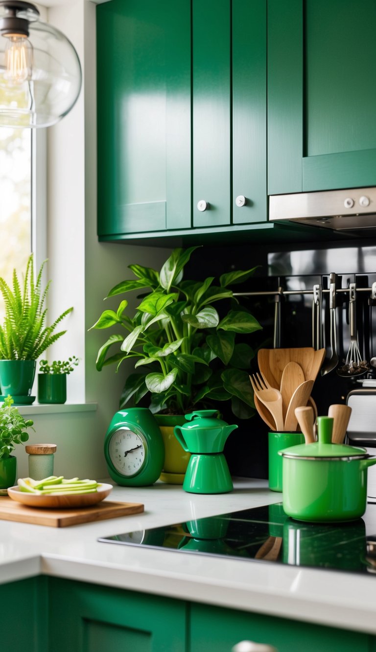 A kitchen with green accents, such as plants, utensils, and decor, creating a fresh and vibrant atmosphere