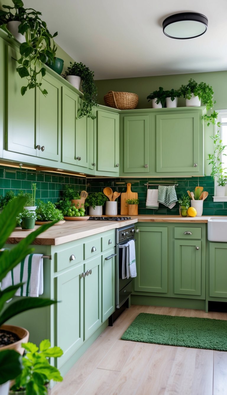 A kitchen with green plants, herbs, towels, and accents. Cabinets painted in a soft green hue. A green tiled backsplash and a small green rug on the floor