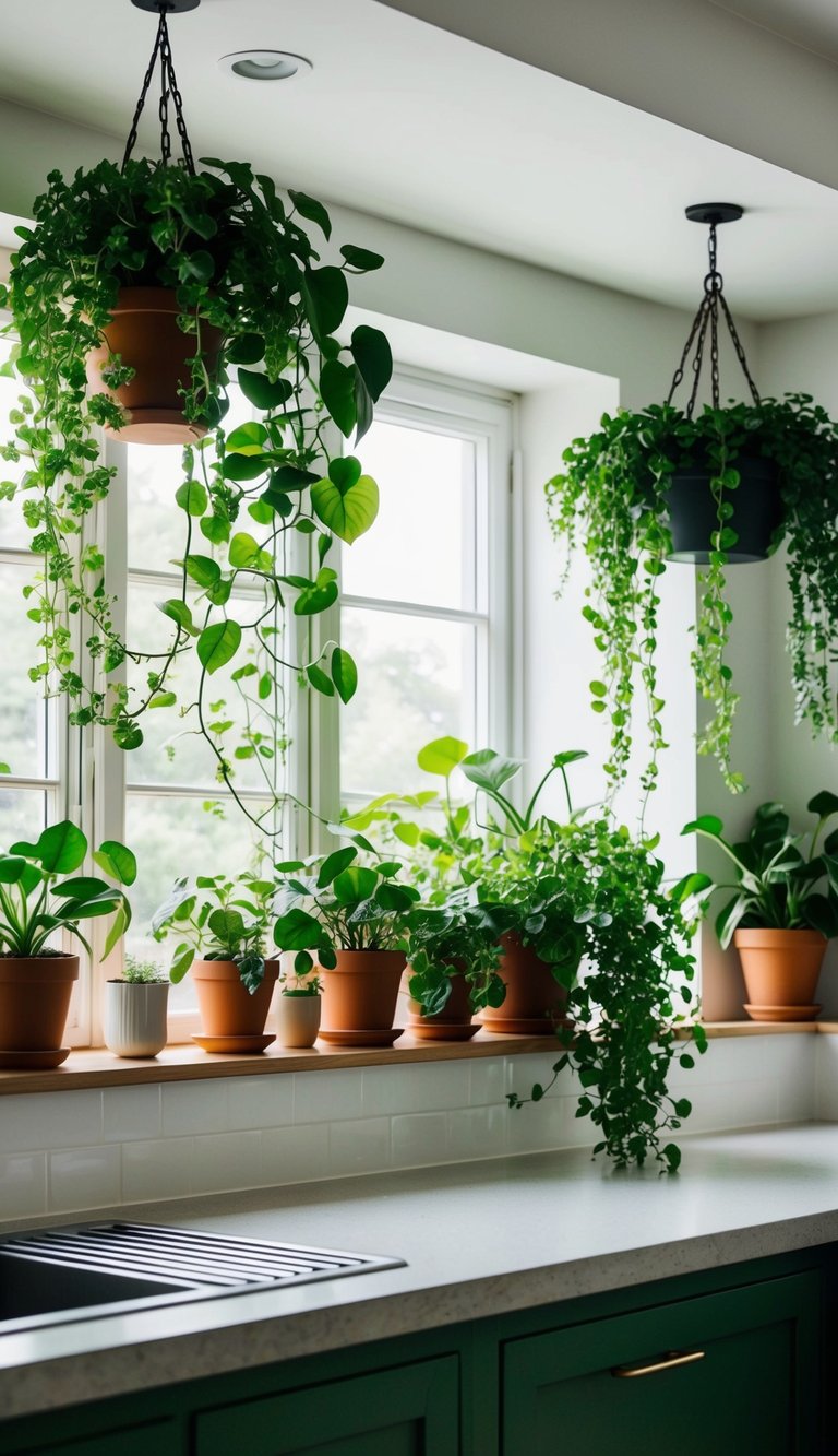 Lush green plants adorn the kitchen: hanging from the ceiling, potted on shelves, and cascading down the windowsill, bringing freshness and life to the space