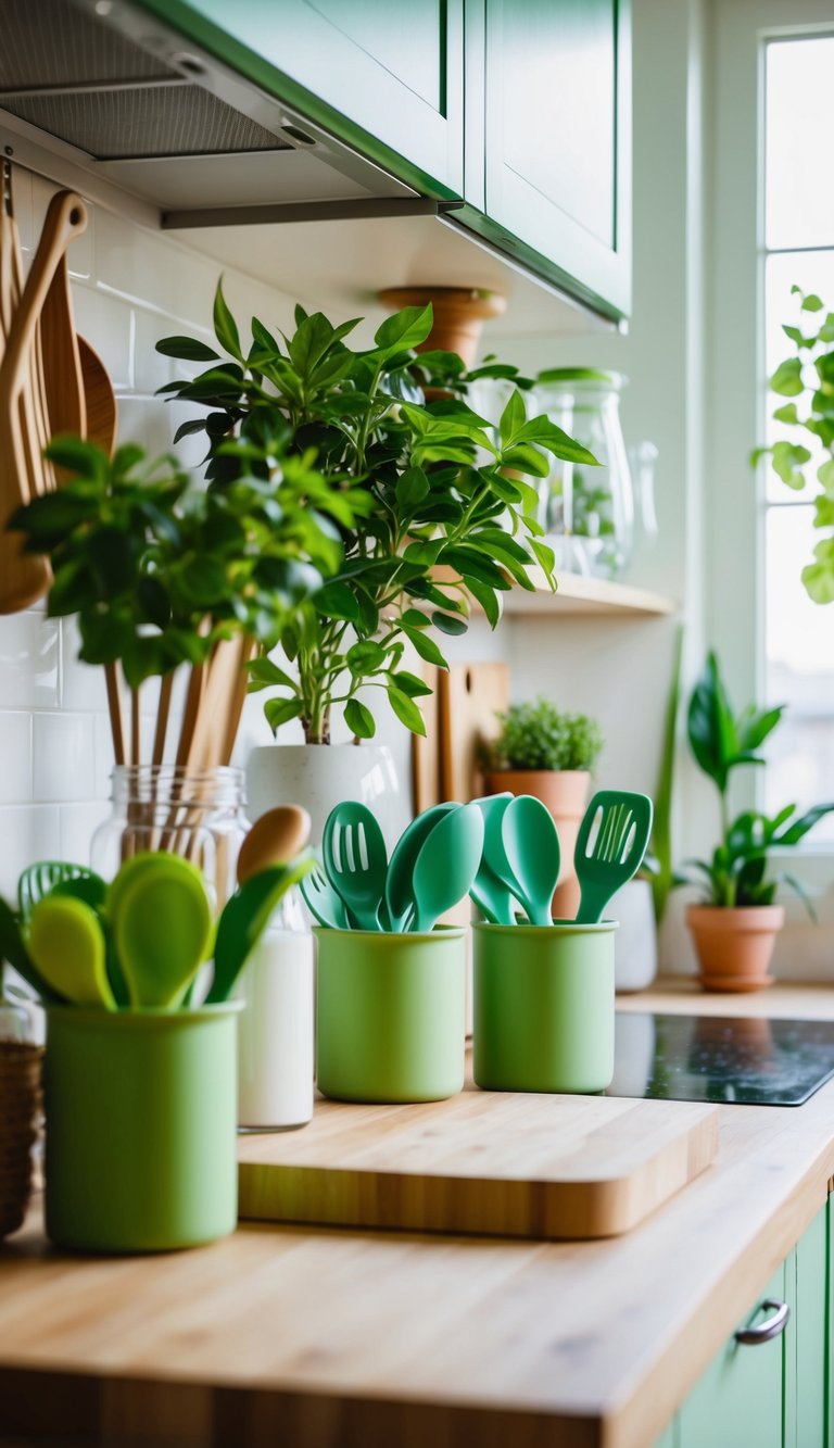 A kitchen with green utensils, plants, and decor accents