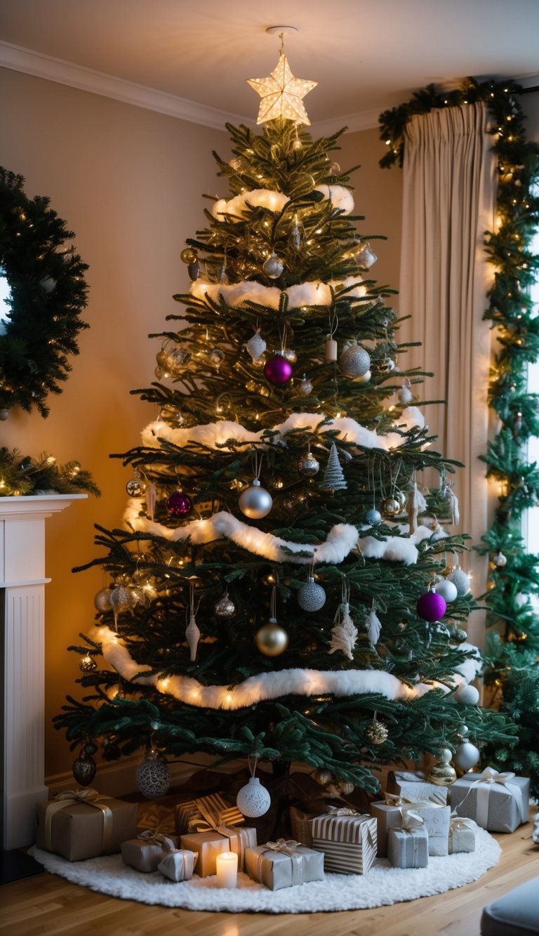 An old-fashioned Christmas tree adorned with handmade ornaments, vintage garlands, and flickering candle lights in a cozy living room