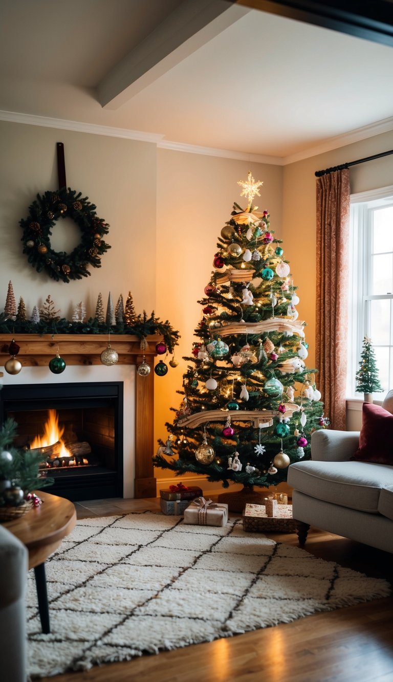 A cozy living room adorned with vintage ornaments, a crackling fireplace, and a traditional Christmas tree with homemade decorations