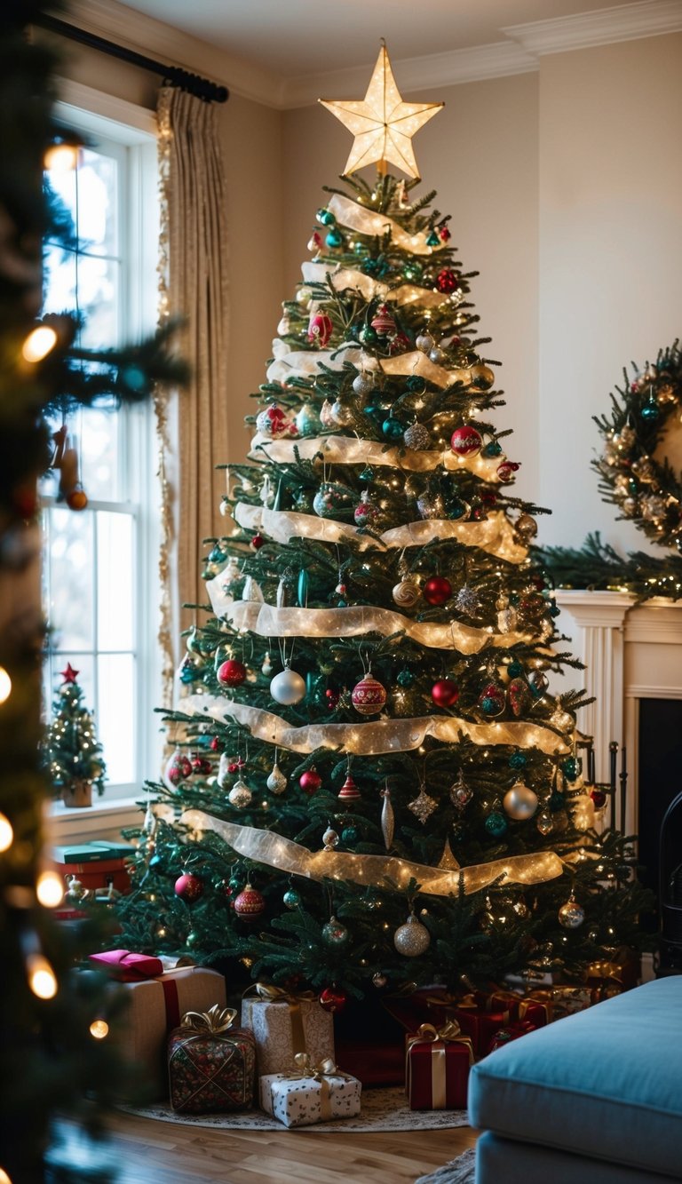 A cozy living room with a vintage Christmas tree adorned with traditional ornaments and twinkling lights, surrounded by classic holiday decor