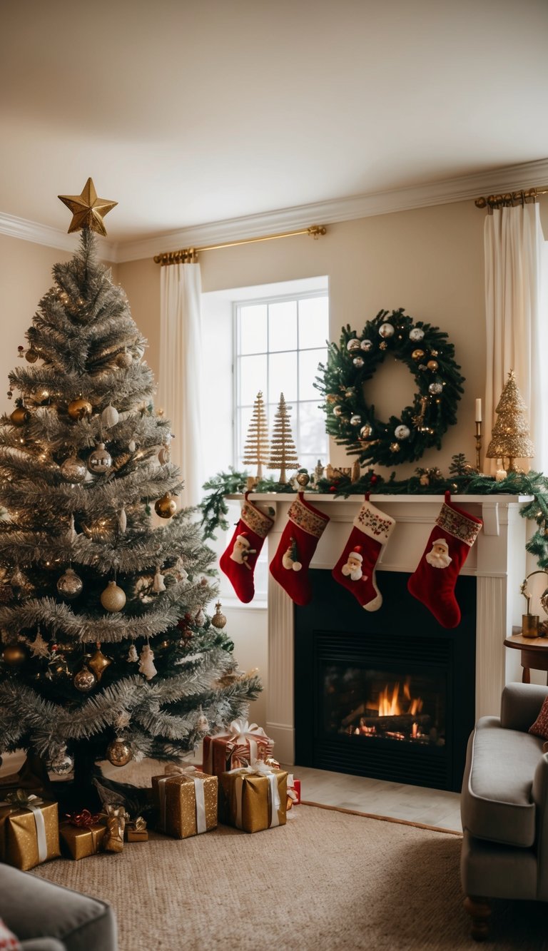 A cozy living room adorned with vintage Christmas decorations, including a tinsel tree, antique ornaments, and old-fashioned stockings hung by the fireplace