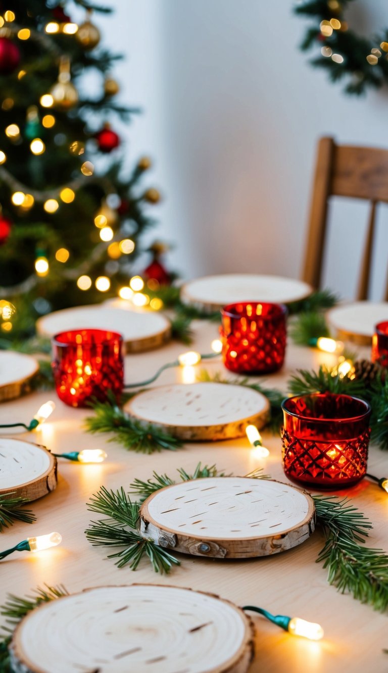 A festive Christmas table adorned with birch wood coasters, surrounded by twinkling lights and holiday decor