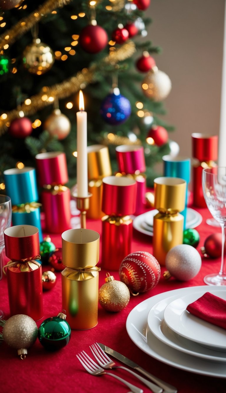 A festive table adorned with colorful Christmas crackers and a variety of decorative ornaments