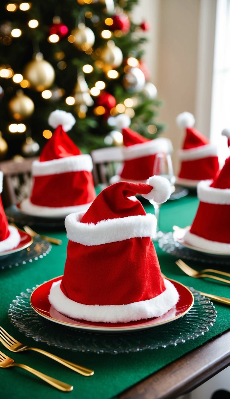 Mini Santa hat chair covers adorn a festive Christmas table setting