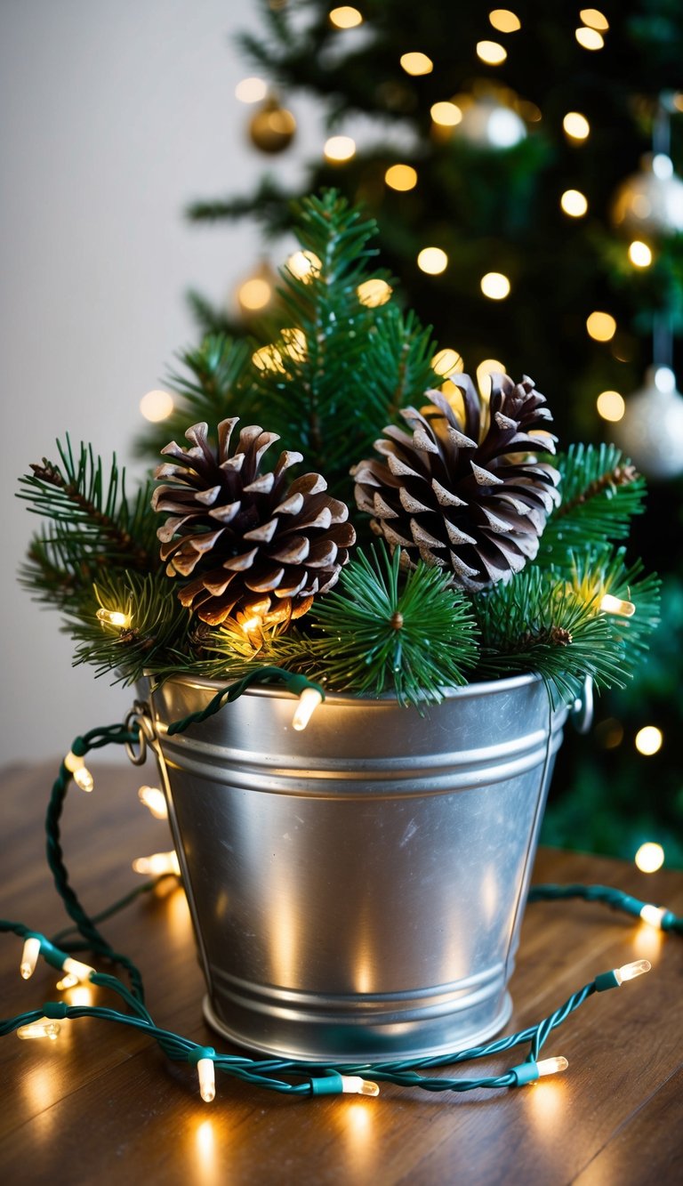 A metal bucket filled with pinecones and fir, adorned with fairy lights, creates a cozy Christmas decor piece