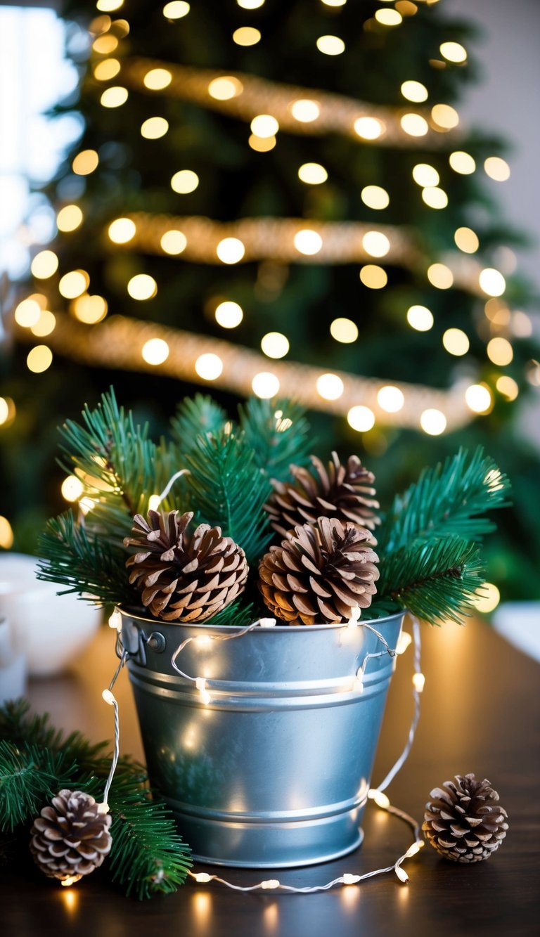 A metal bucket filled with pinecones, fir, and fairy lights, creating a cozy Christmas decor piece