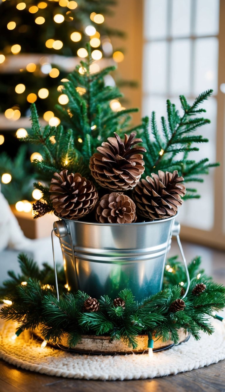 A metal bucket filled with pinecones, fir branches, and fairy lights arranged on a cozy Christmas decor base