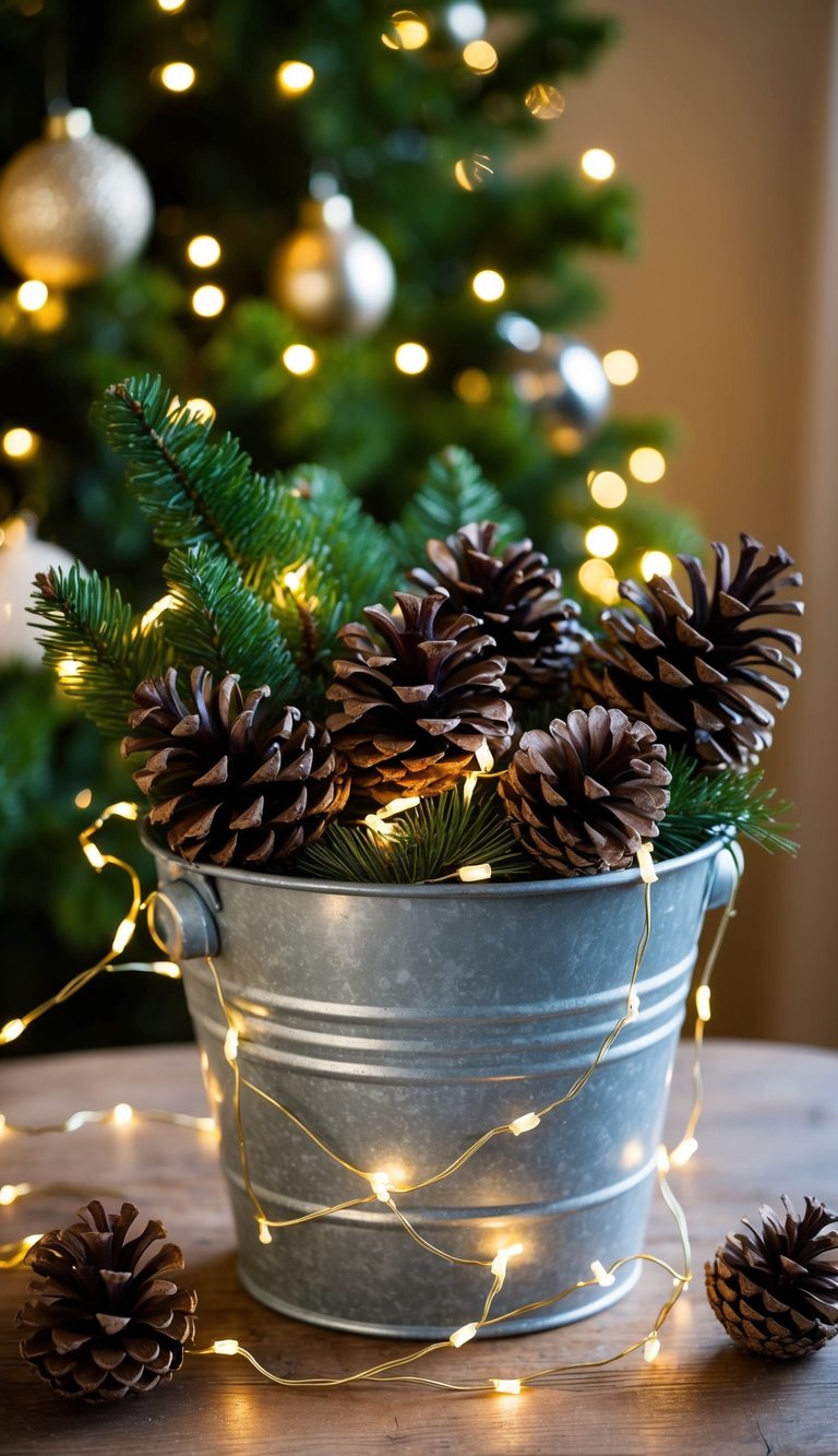 A metal bucket filled with pinecones and fir, with fairy lights intertwined, creating a cozy Christmas decor piece