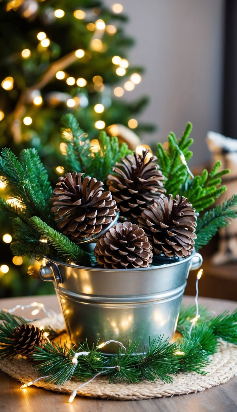 A metal bucket filled with pinecones, fir branches, and fairy lights arranged on a cozy Christmas decor piece