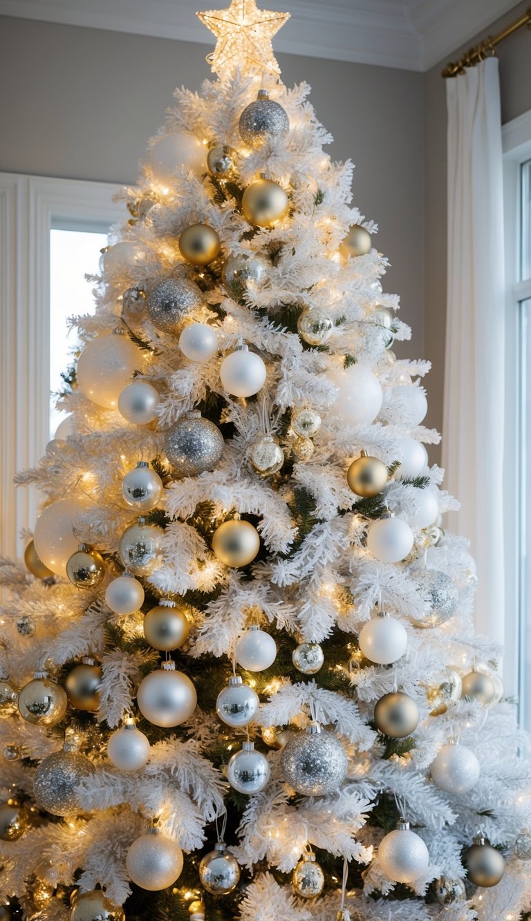 A tall Christmas tree adorned with white and gold ornaments, sparkling lights, and a shiny star topper