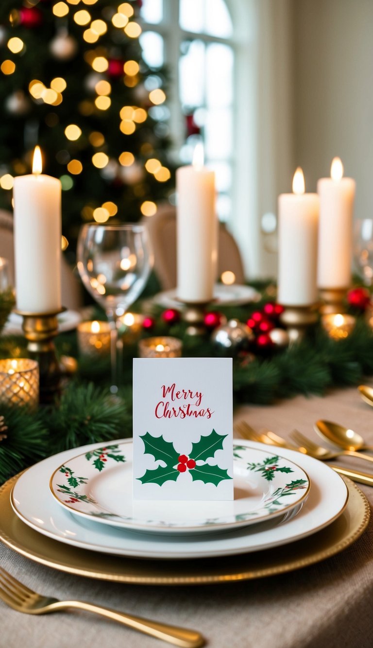 A festive table set with personalized holly-themed place cards, surrounded by elegant Christmas decor and twinkling candles