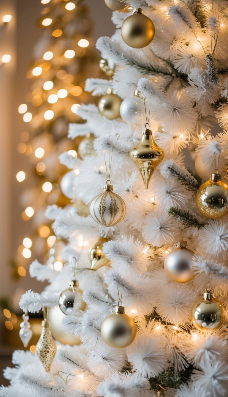 A white and gold Christmas tree adorned with elegant ornaments and twinkling lights