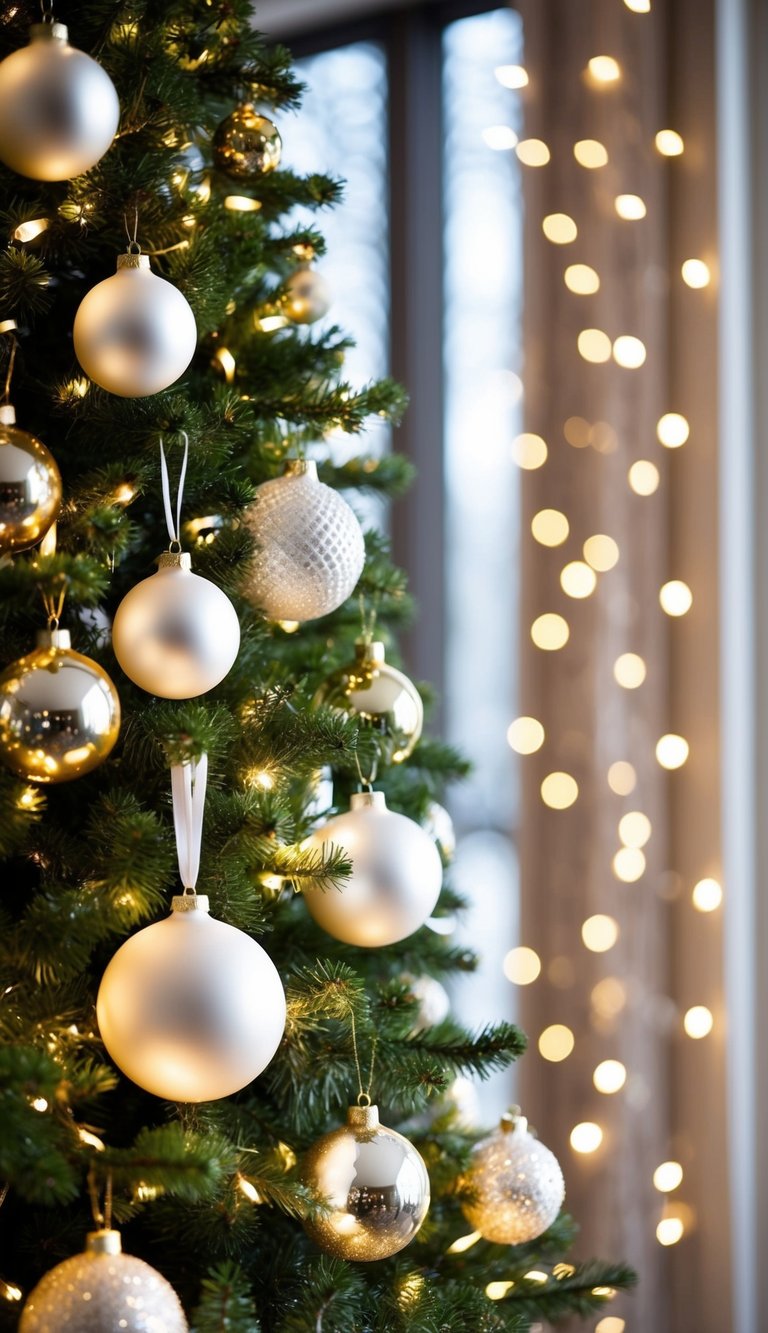 A Christmas tree adorned with white and gold ornaments, shimmering in the soft glow of twinkling lights