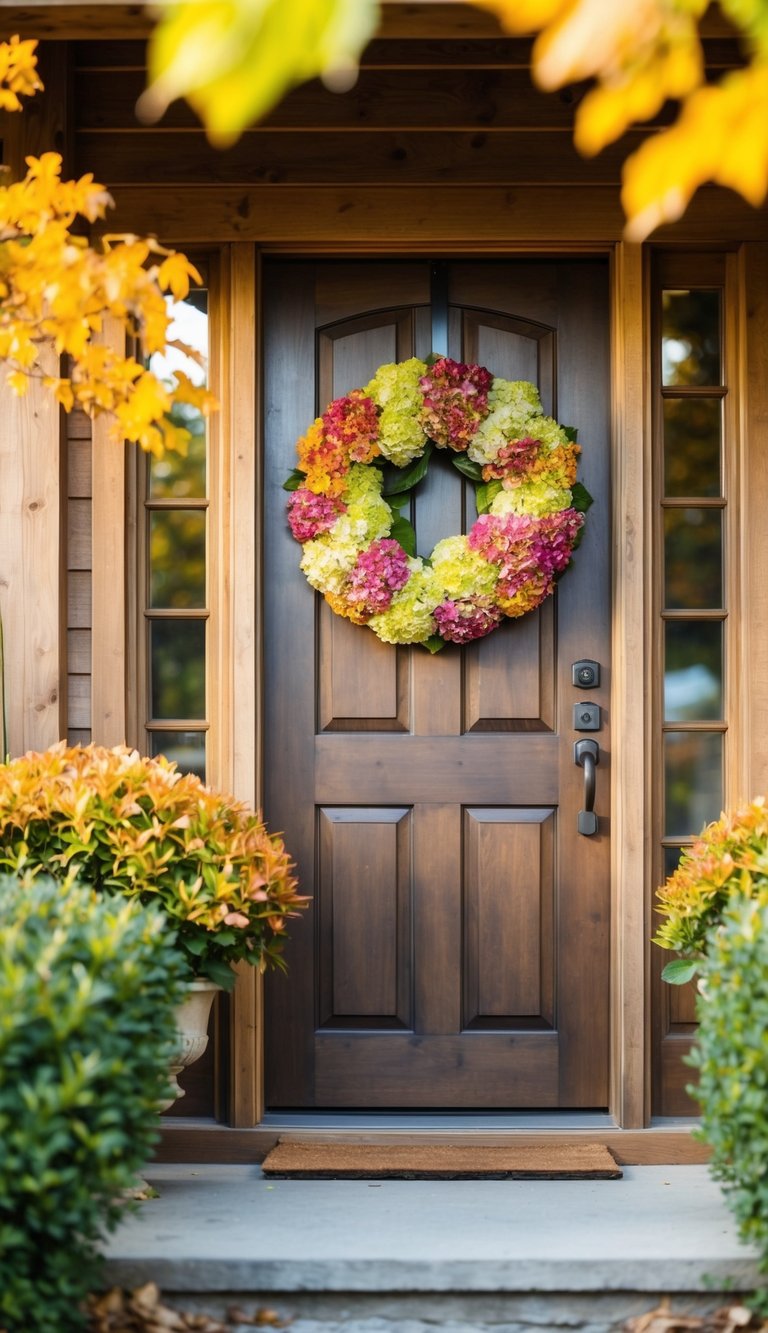 A rustic wooden front door adorned with a lush, colorful hydrangea wreath, surrounded by autumn foliage and warm sunlight