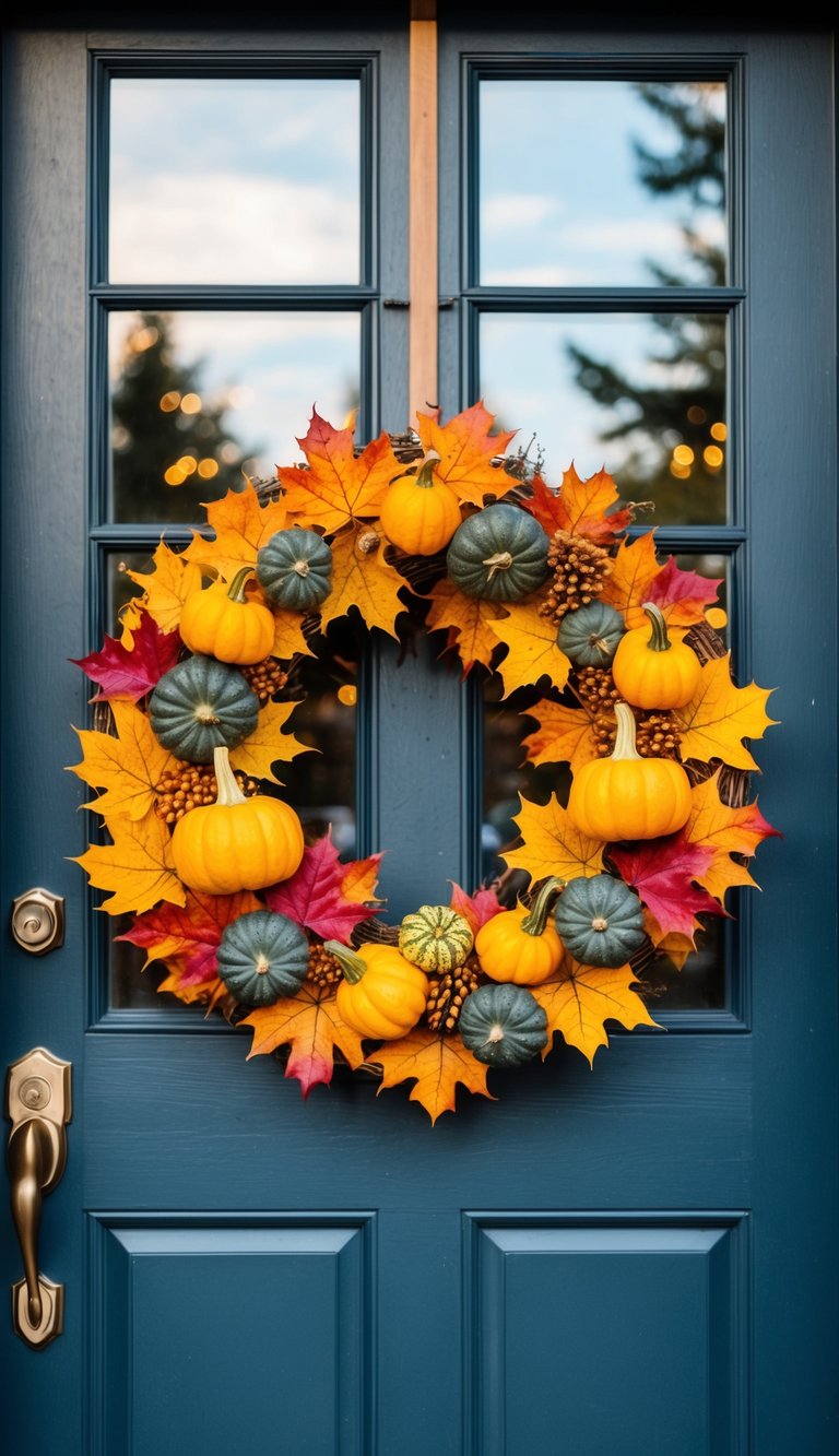 A wreath made of vibrant maple leaves and gourds hangs on a rustic front door