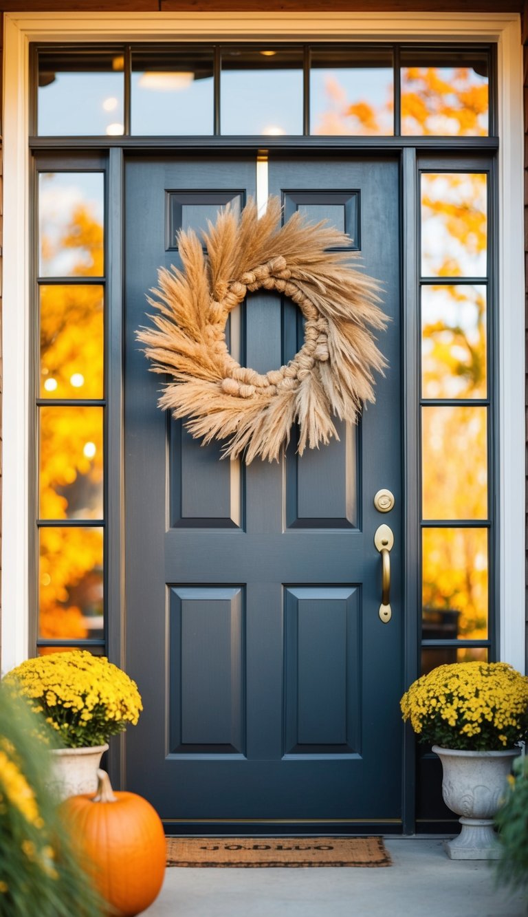 A rustic front door adorned with a boho pampas grass wreath, surrounded by autumn foliage and warm sunlight