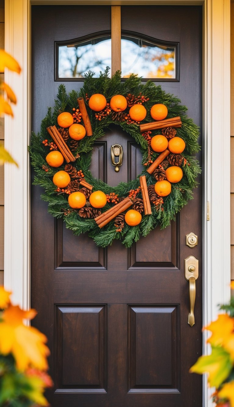 A vibrant wreath of cinnamon sticks and oranges hangs on a rustic front door, surrounded by autumn foliage and warm sunlight