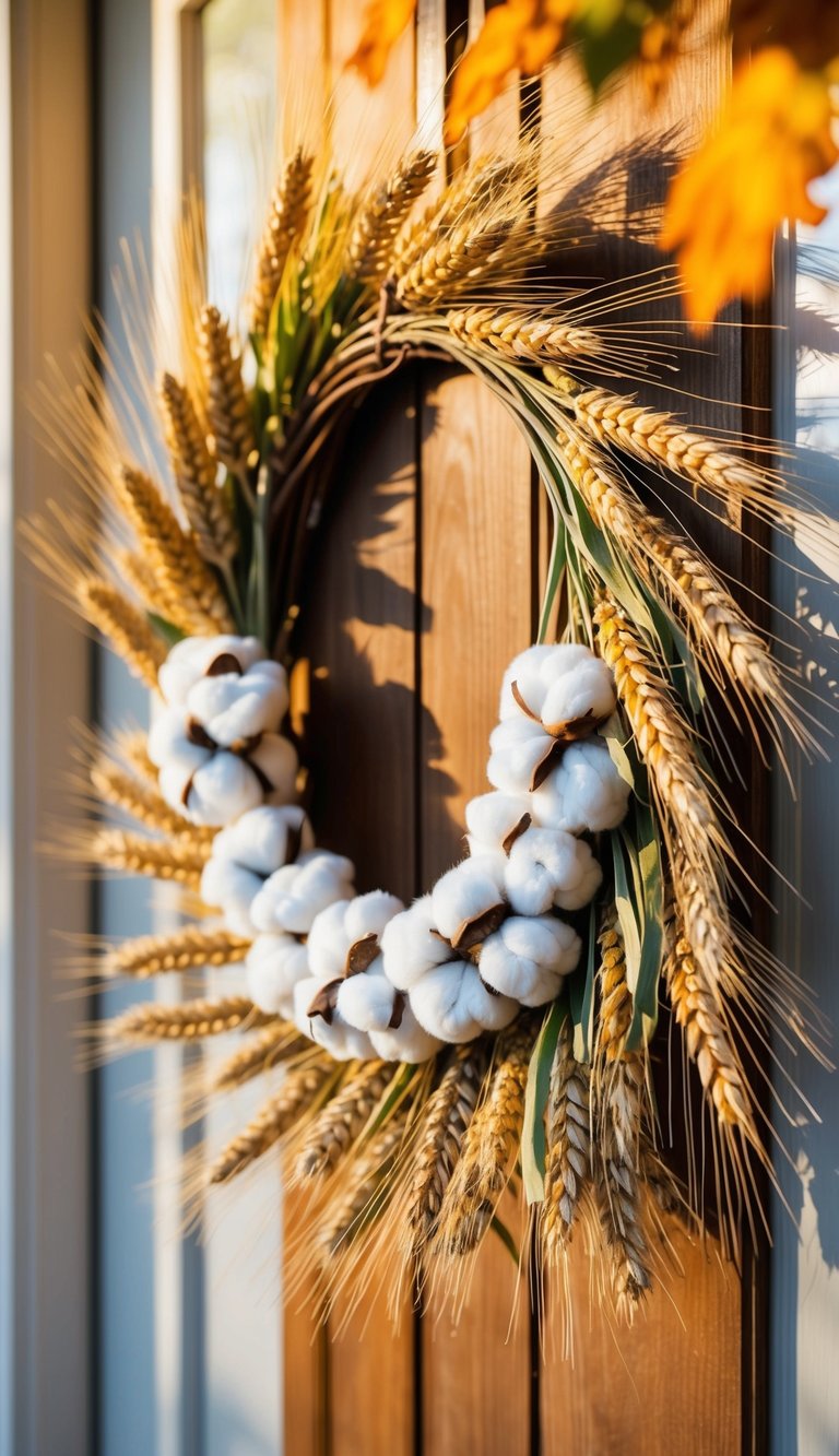 A rustic cotton and wheat wreath hangs on a wooden front door, surrounded by autumn foliage and warm sunlight