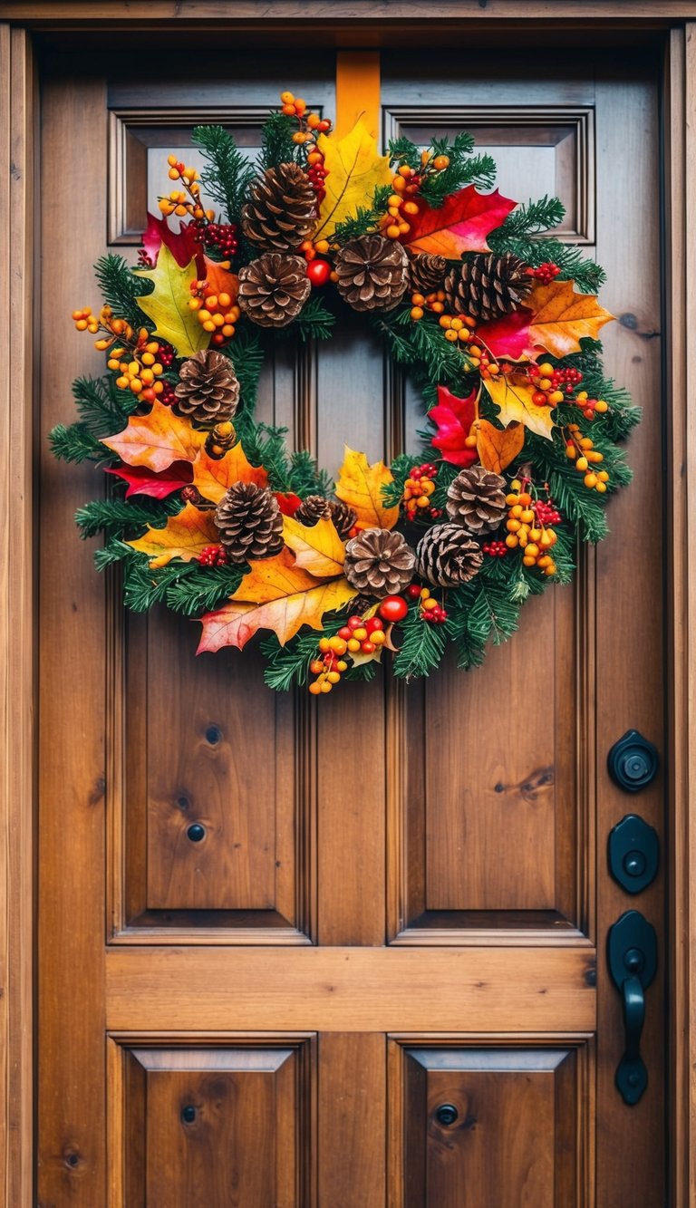 A rustic wooden front door adorned with a vibrant fall wreath made of colorful leaves, berries, and pinecones, creating a warm and inviting entrance