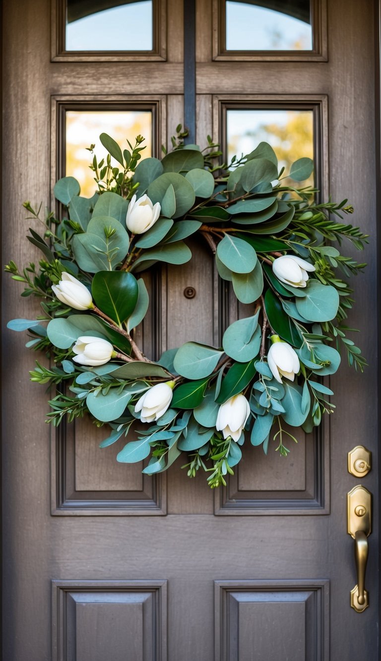 A vibrant eucalyptus and magnolia wreath adorns a rustic front door for a fall welcome